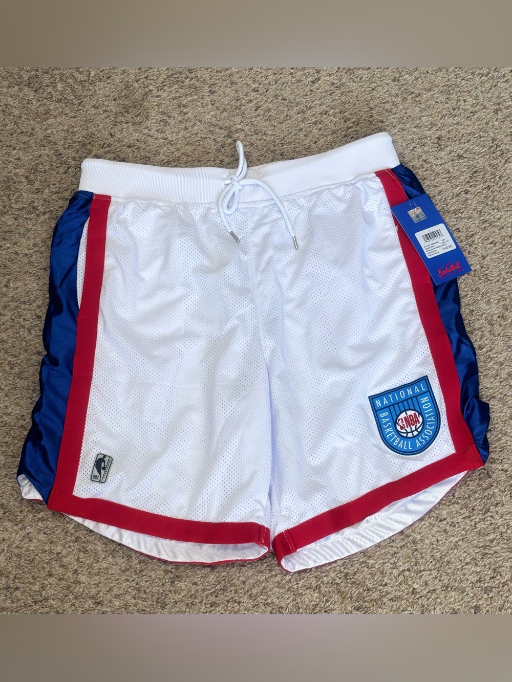 NBA White Mesh Shorts with Red & Blue Side Panels